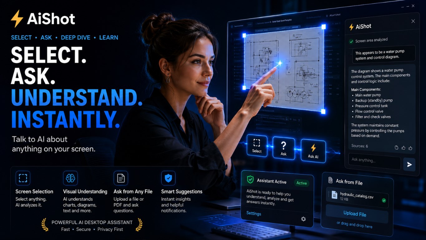 AIShot: a hydraulic circuit diagram selected on screen, explained in the side panel