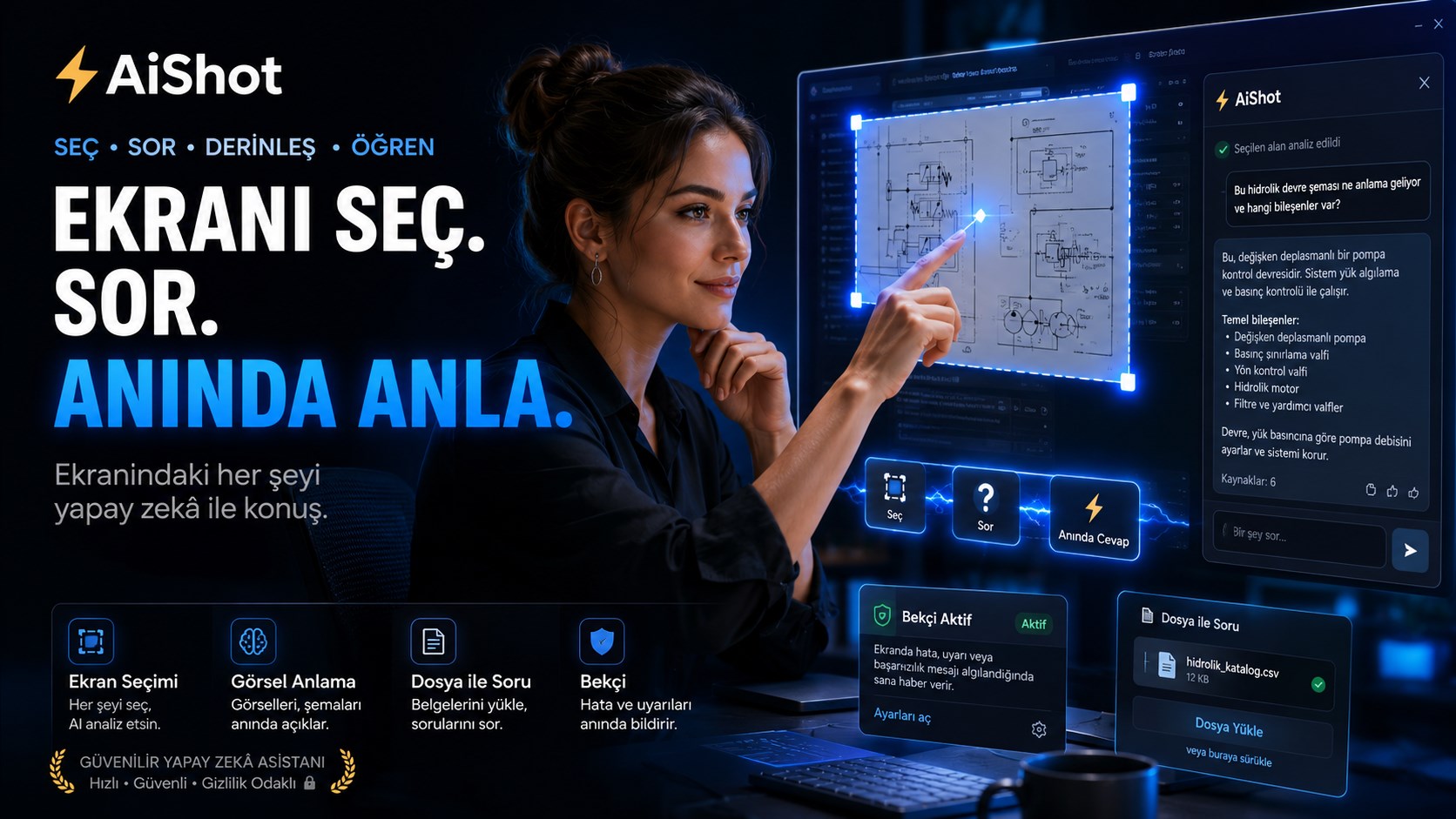 AIShot: ekranda seçilen hidrolik devre şeması ve yan panelde yapay zekânın açıklaması