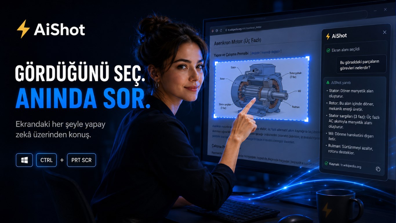 AIShot ile bir asenkron motor kesit çizimi seçiliyor ve parçaların görevleri listeleniyor